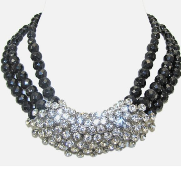 Large clear crystal statement necklace with 3 rows of black glass beads - Picture 1 of 8